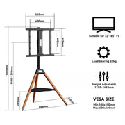 حامل تلفزيون أرضي ثلاثي القوائم بأرجل خشبية، مناسب لأجهزة التلفزيون ذات الشاشات المسطحة من 32 إلى 65 بوصة